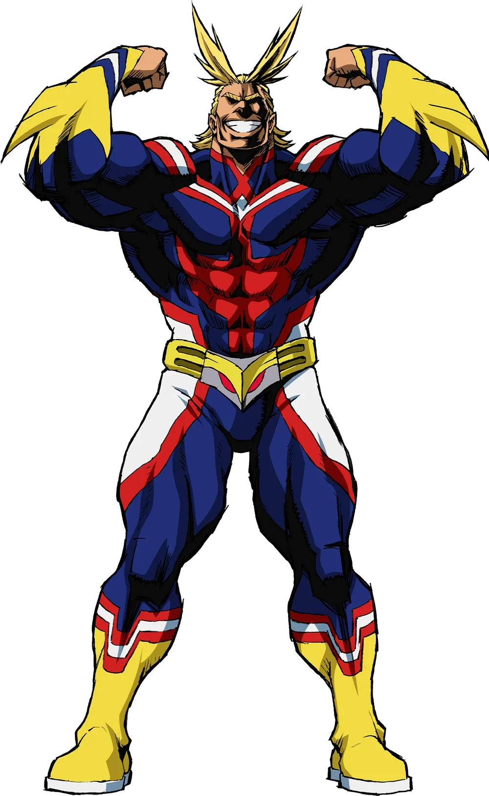 Illustration of a muscular superhero with blond hair in a spiky style, wearing a patriotic costume with red, white, blue, and yellow colors, flexing arms and smiling broadly.