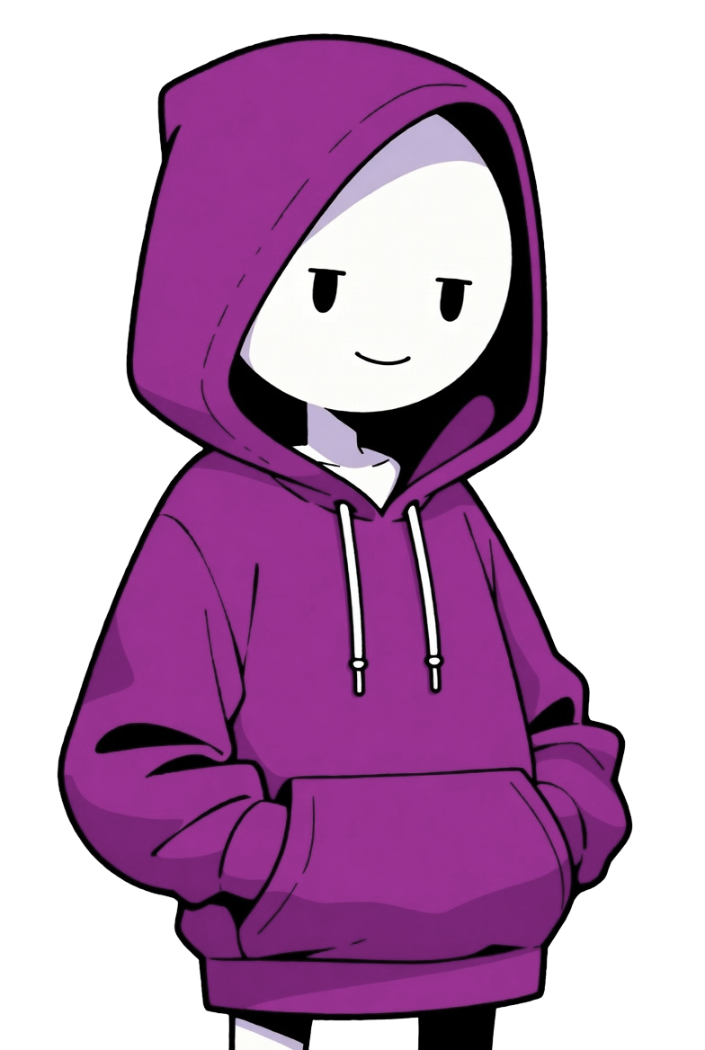 Cartoon character wearing a purple hoodie with hands in pockets, black background