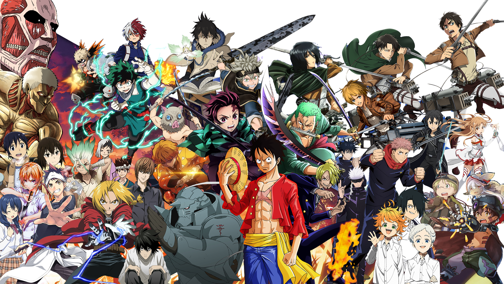 A collage of characters from the anime series "Attack on Titan," including Eren Yeager, Levi Ackerman, Mikasa Ackerman, and others, featuring action poses and detailed backgrounds.