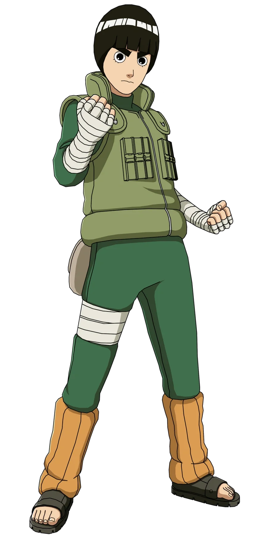 Anime character with dark hair and headband dressed in military-style green vest, pants, and orange boots, with bandaged arms and legs, making a fighting pose.