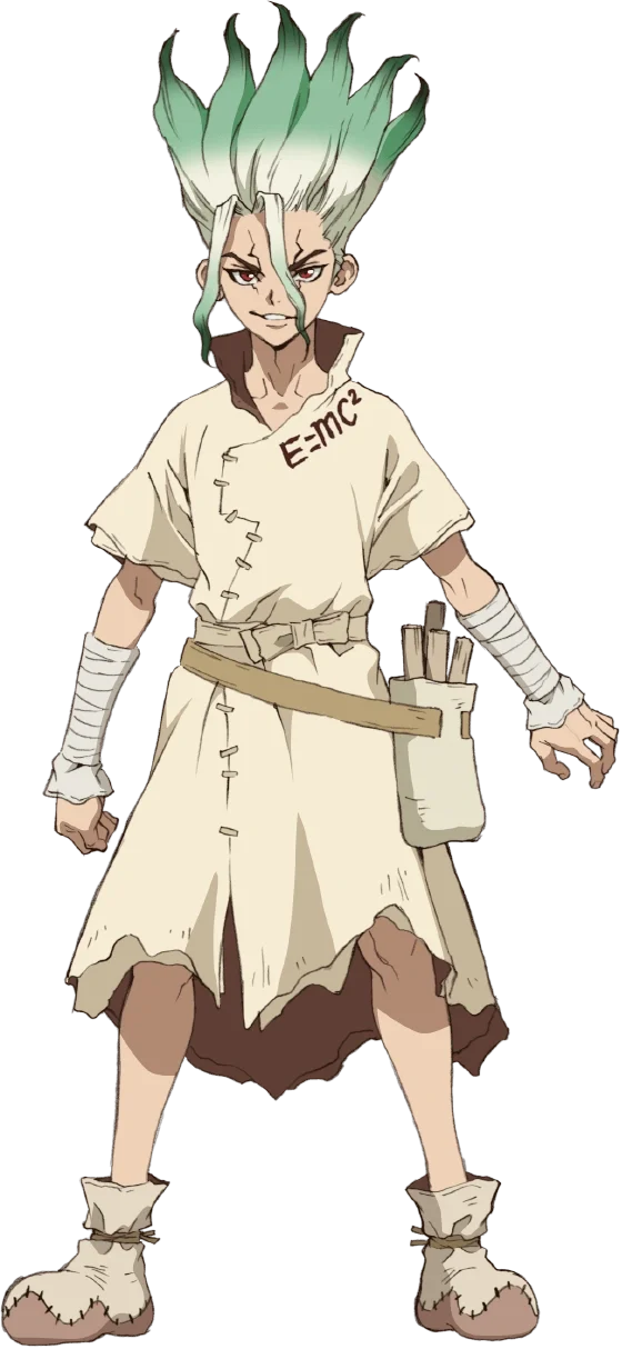 Anime character with spiky, green-tipped hair, wearing a tattered lab coat with the E=mc2 formula written on it, and carrying rolled-up papers on a belt