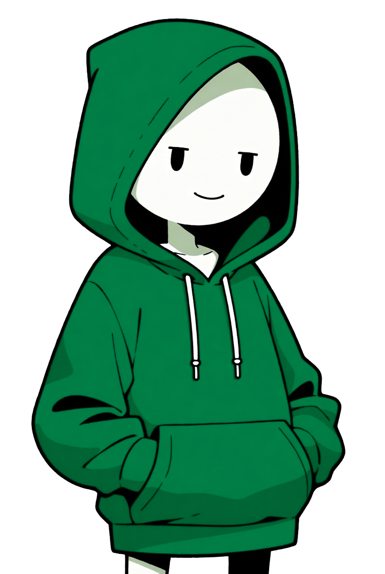 Cartoon character with a white face, black eyes, and a small smile, wearing a green hoodie with hood up, against a dark background.
