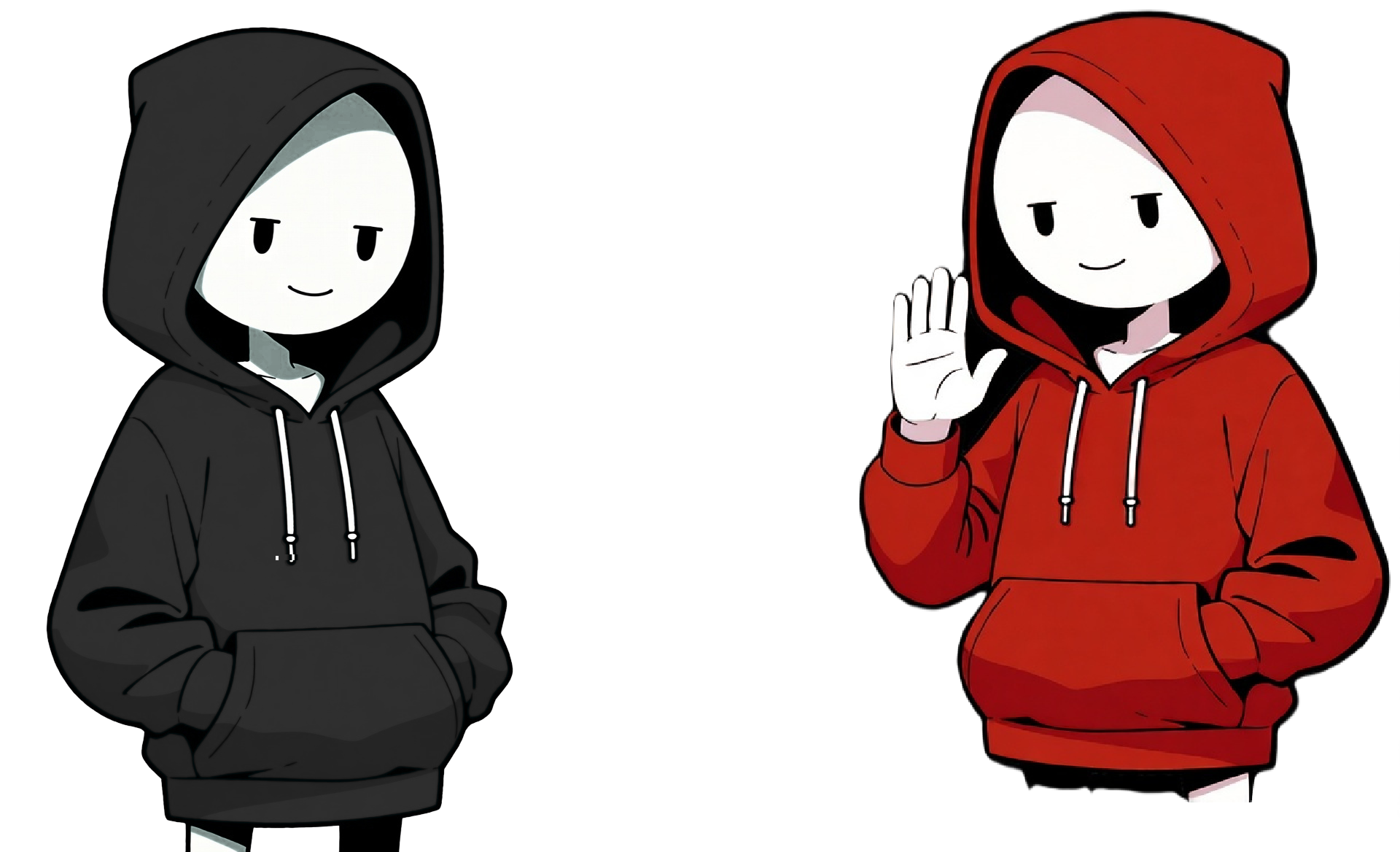 Two cartoon characters in hooded sweatshirts; one in black with a hood up, hands in pockets, and the other in red with a hood up, waving.
