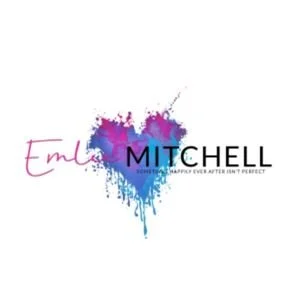 Logo with a blue and purple paint splatter heart, the text 'Emlee MITCHELL' with 'Emlee' in pink and 'MITCHELL' in black, and the tagline 'sometimes happy, never perfect'. Author Emlee Mitchell Logo.