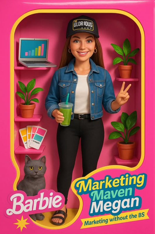 A Barbie doll in a pink box. The branding reads 'Marketing Maven Megan' with the tagline 'Marketing without the BS'. The doll wears a denim jacket, black pants, and a black cap with 'Glorious Songs' written on it. She is holding a green smoothie.