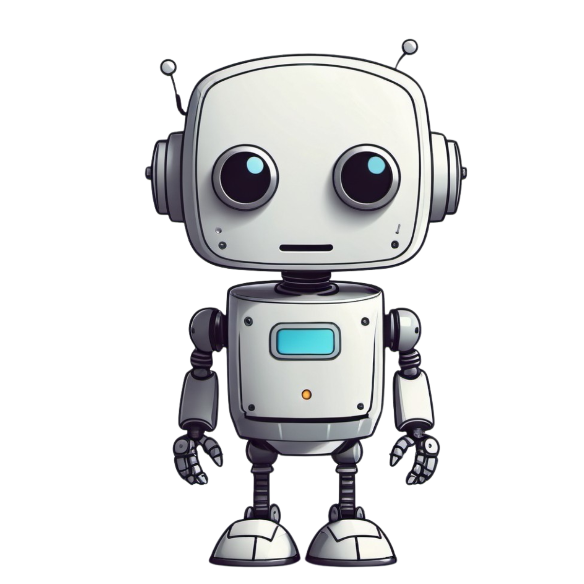 Cartoon robot with large eyes, a square head, and a small body, standing upright with arms at its sides.
