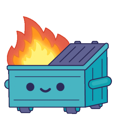 A cute cartoon dumpster fire with a smiling face.