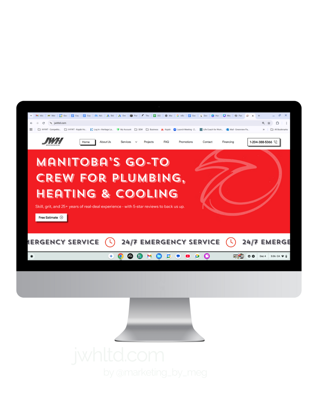 Screenshot of a website homepage for JWH Mechanical, a plumbing, heating, and cooling company in Manitoba. The homepage features a red background with white text stating their expertise and experience, with icons for emergency services and contact information.