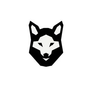Stylized black and white wolf or dog head logo on white background. Unique Adventures - Excursions by Dog Sled Logo.