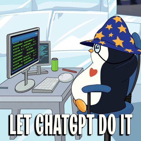 A cartoon penguin wearing a wizard hat with stars, sitting at a computer with a second monitor, surrounded by computer equipment, with the message 'LET CHATGPT DO IT' at the bottom.