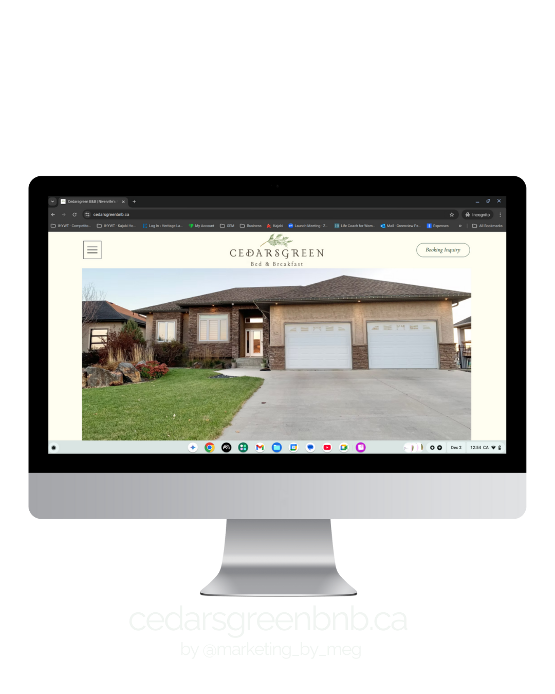 Front view of a modern house with brick exterior, a sloped roof, and a three-car garage, surrounded by a lawn and garden, seen on a computer screen displaying the Cedar's Green Bed & Breakfast website.