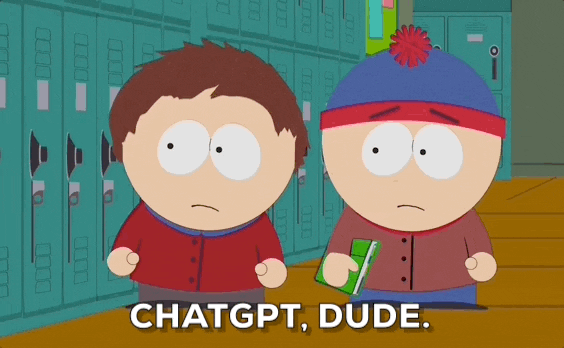 Two animated boys standing in front of lockers, one holding a phone, with the caption "CHATGPT, DUDE."
