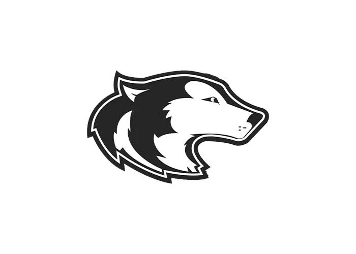 Black and white illustration of a wolf's head logo.