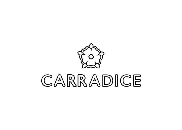 Logo with a floral design above the word "CARRADICE" in black outlined letters.