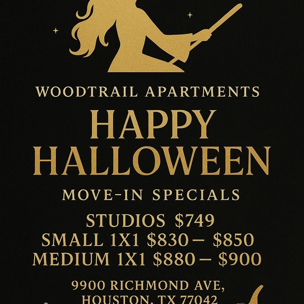 🏠 Woodtrail Apartments

🎃 Studios $749 | Small 1x1 $830&ndash;$850 | Medium 1x1 $880&ndash;$900

📍 9900 Richmond Ave, Houston, TX 77042

☎️ 713-781-3261