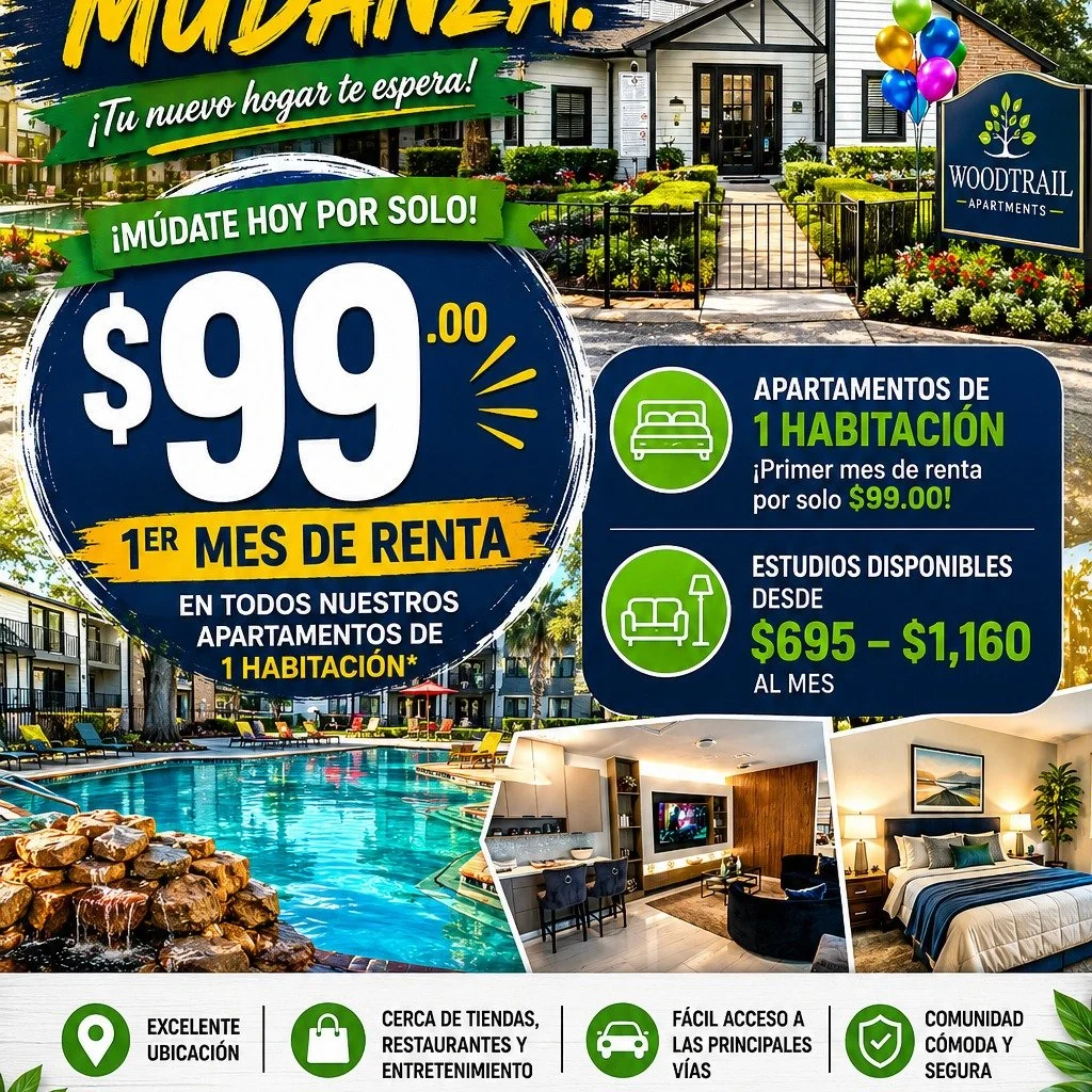 🎉 ¡Mudanza por solo 99 $! 🎉
Aproveche nuestra oferta especial de 99 $ para mudarse a cualquiera de nuestros apartamentos de un dormitorio. Póngase en contacto con nosotros hoy mismo para obtener más información y programar