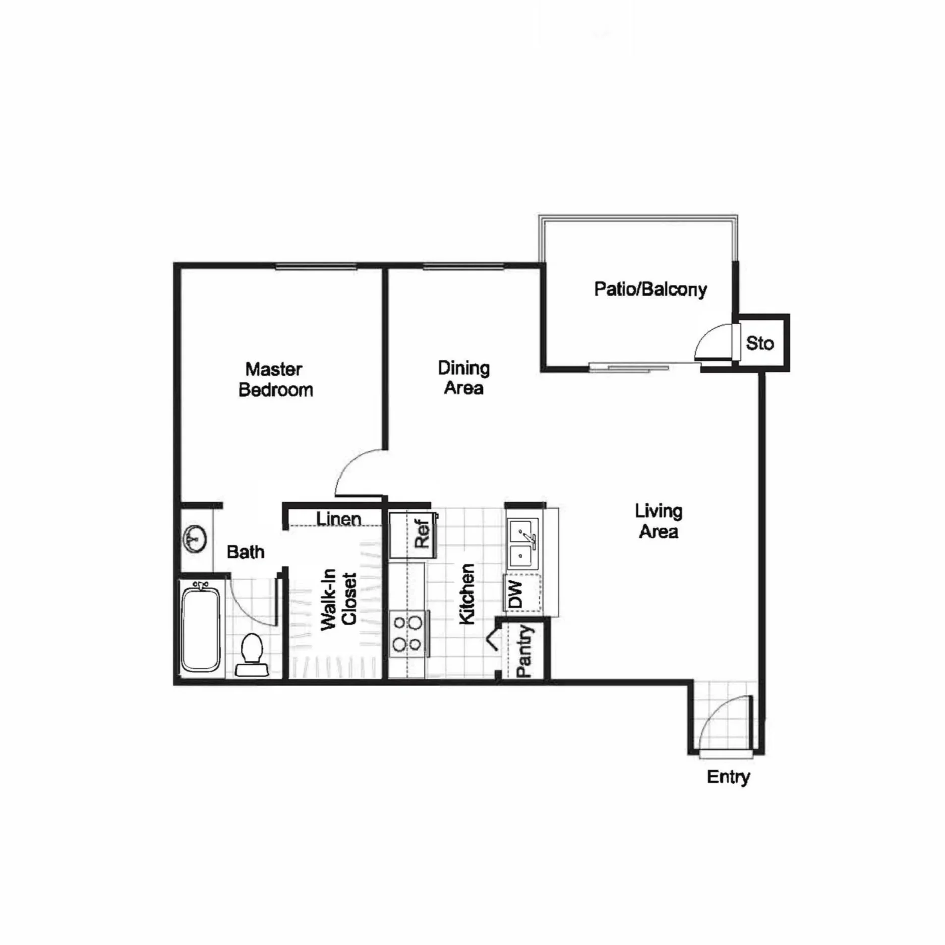 Floor plan of an apartment with a master bedroom, bathroom, walk-in closet, kitchen, dining area, living area, patio/balcony, storage, and entryway.
