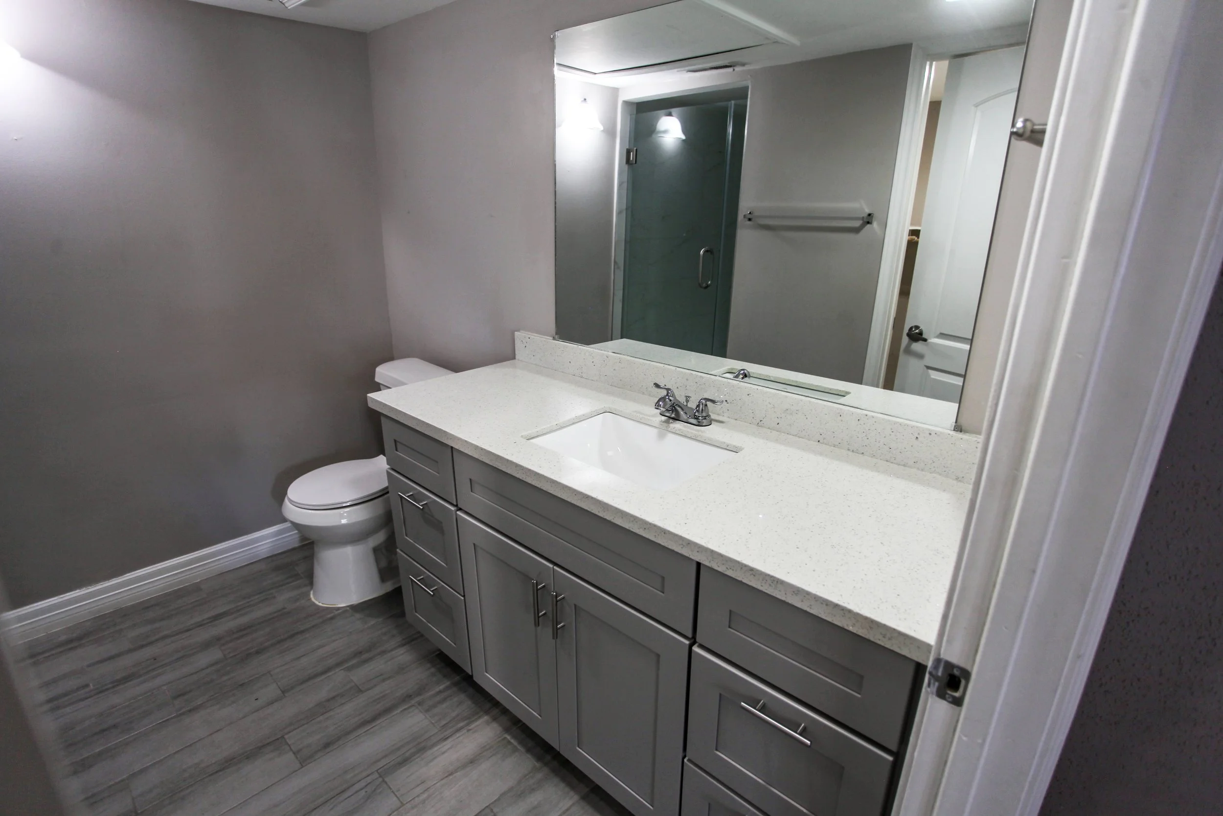 Bathroom with gray vanity, white countertop, large mirror, toilet, and shower with glass door.