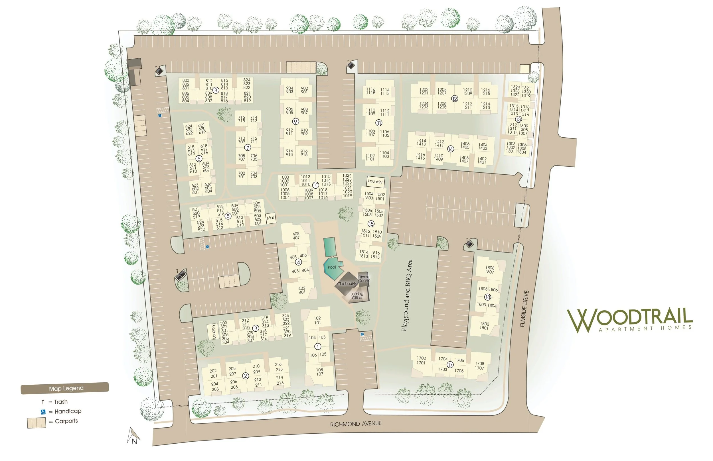 Site map of Woodtrail Apartment Homes showing building layouts, parking areas, amenities like pool and clubhouse, playground, laundry rooms, and landscape details.