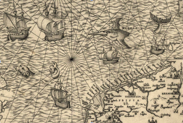 Historical nautical map showing ships, sea creatures, and a coastline with place names.