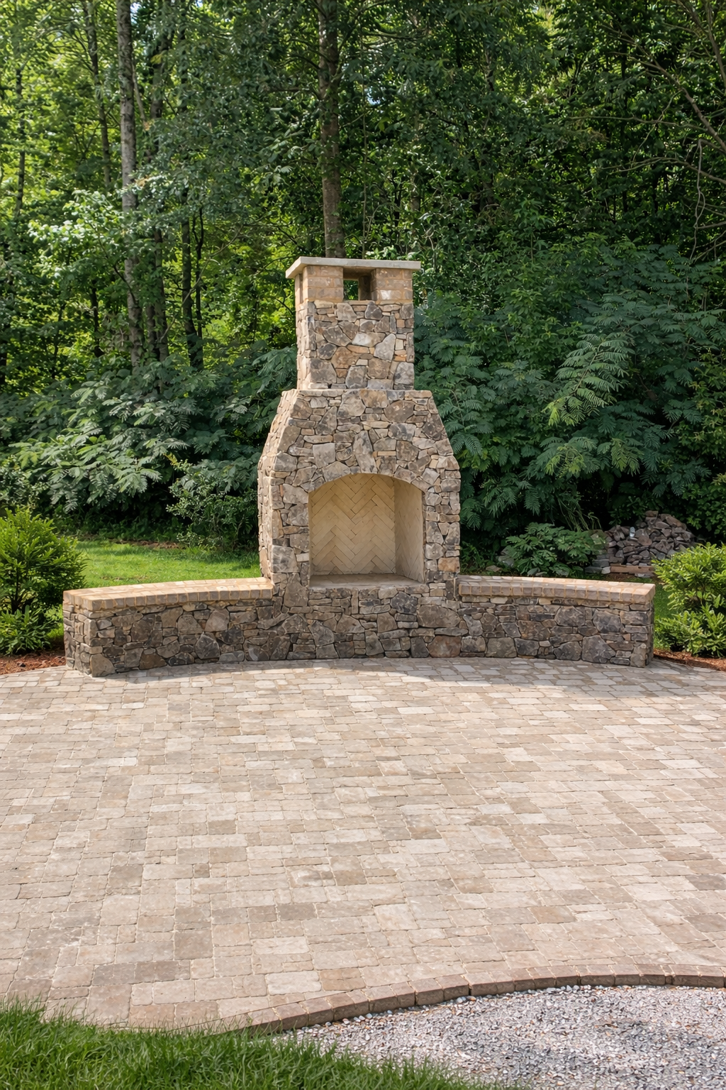 Outdoor masonry fireplace featuring an arched firebox and integrated stone seating, designed to enhance outdoor living and architectural character.