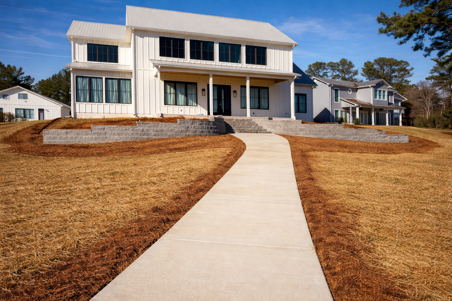 A clean stucco façade anchored by an eye-catching retaining wall and complemented by a curved concrete walkway, offering a calm, welcoming approach that enhances the home’s overall presence.