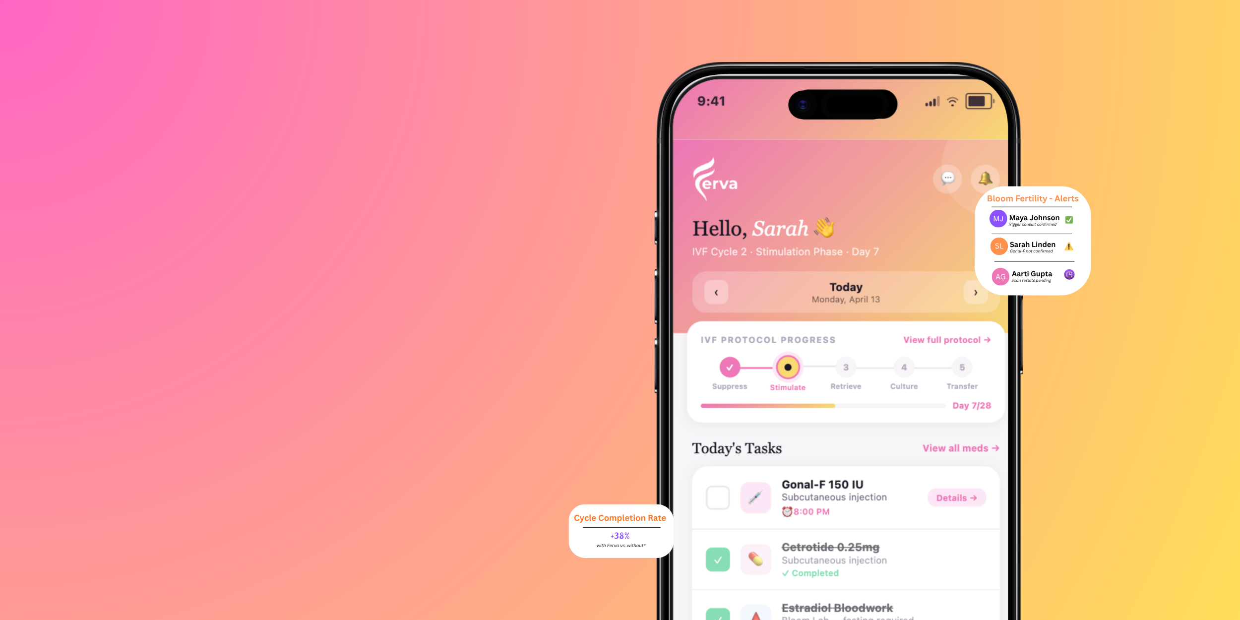 Smartphone screen showing a fertility tracking app with greeting 'Hello, Sarah', a progress bar for IVF protocol, scheduled tasks, and notification alerts on a pink and yellow gradient background.