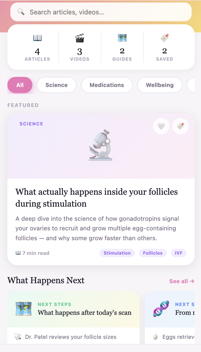 Screenshot of a health or medical app interface displaying articles, videos, guides, and saved items about science, medications, and wellbeing, with sections on what happens after scans.