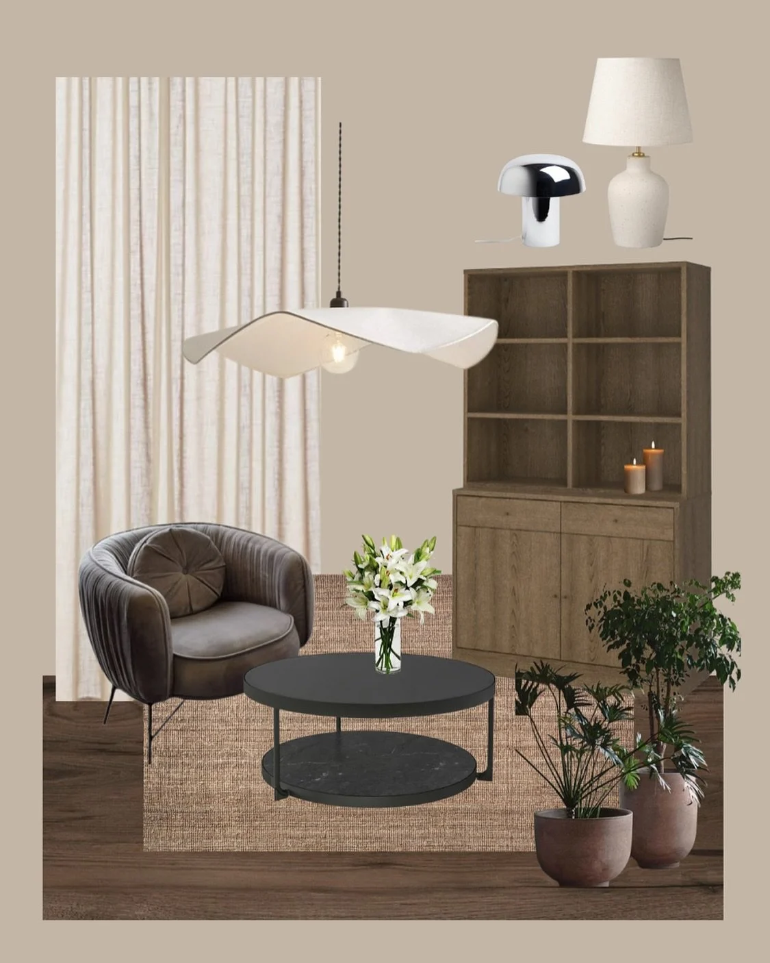 Moodboard kauneushoitolan sisustuksen p&auml;ivityksest&auml;, jossa olemassa olevasta s&auml;ilytettiin toimiva ja uutta tuotiin harkiten mm. seini&auml; maalaamalla, verhoja lis&auml;&auml;m&auml;ll&auml; ja irtokalusteita vaihtamalla. Toiveena oli