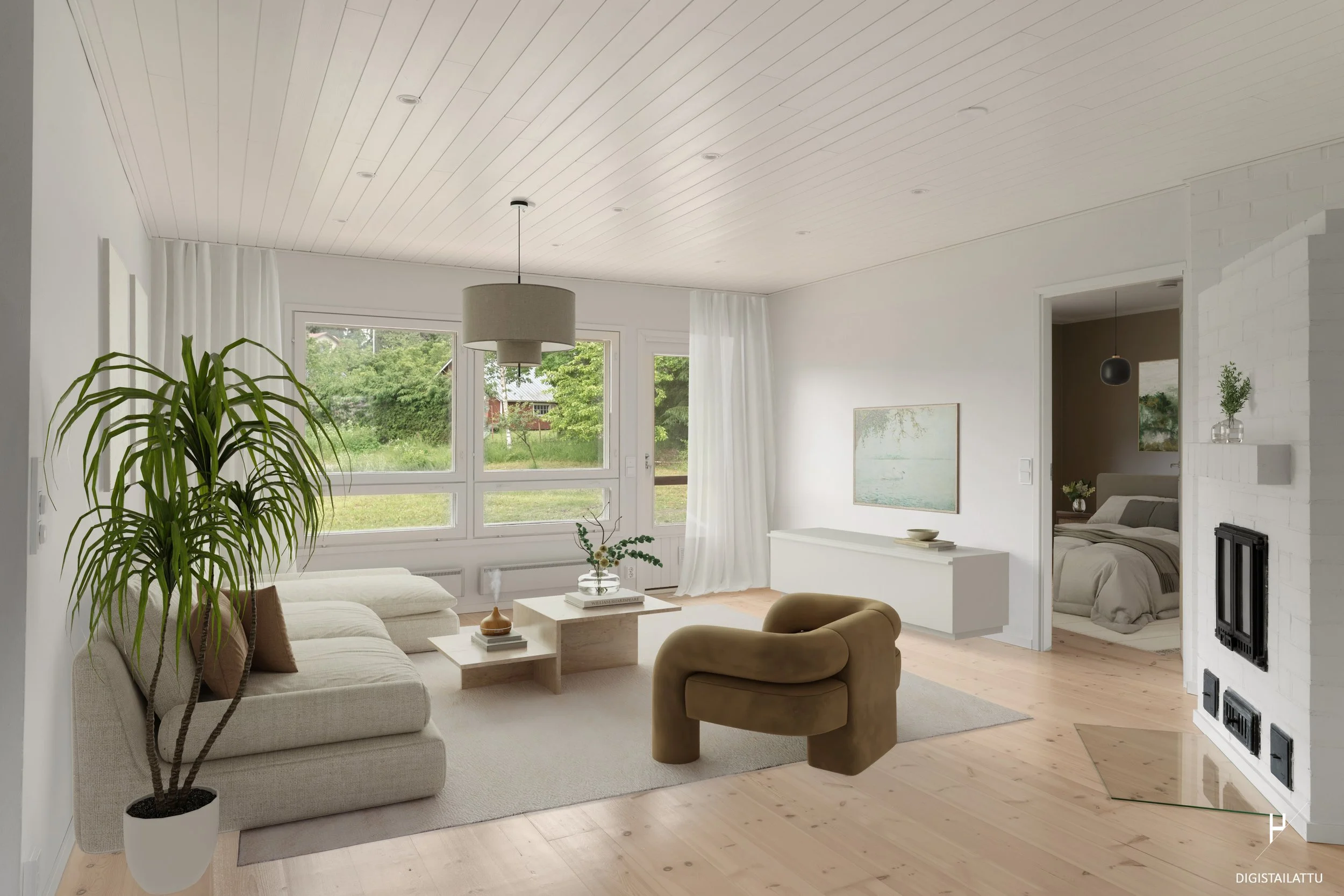 Valoisassadigistailattu olohuone, jossa vaalea sohva, moderni nojatuoli, suuri ikkuna, valkoinen seinä ja puulattia.