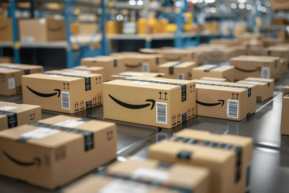 Several Amazon cardboard boxes on a conveyor belt in a warehouse.