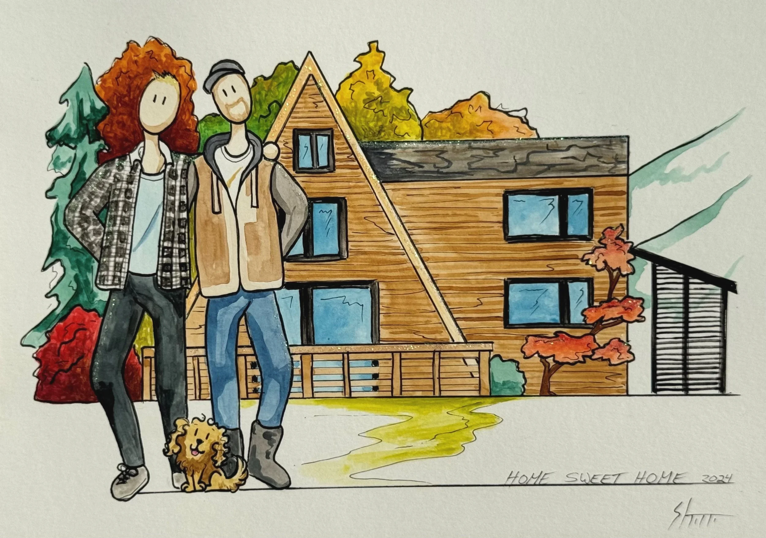 A colorful illustration of a happy couple with a dog standing in front of a modern wooden house surrounded by autumn trees.