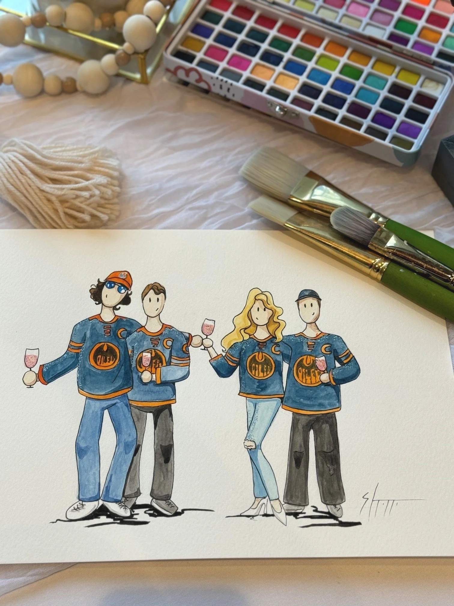 A hand-drawn illustration of four people wearing hockey jerseys, holding drinks and standing together, with a woman's figure in the middle also holding a drink.