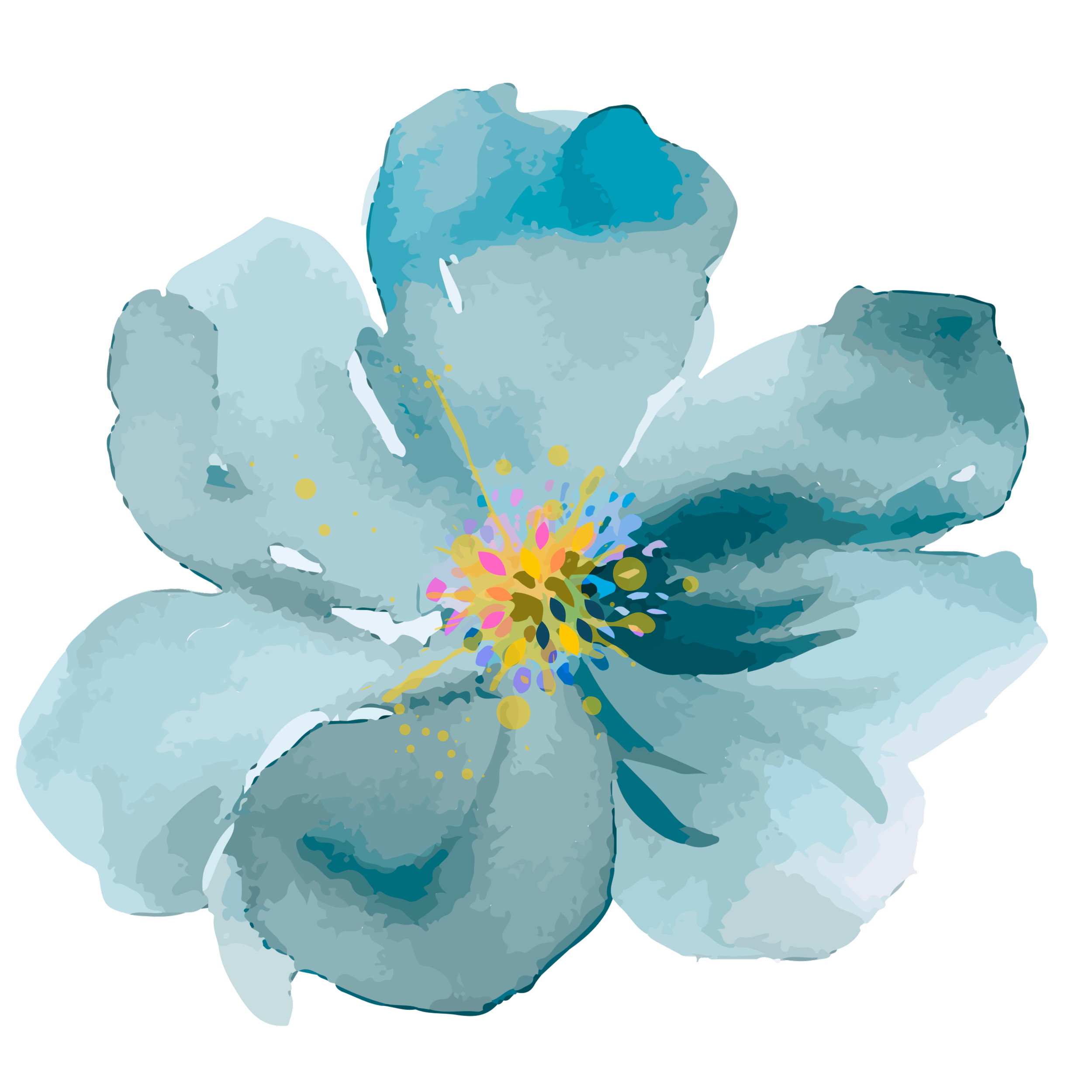 Digital illustration of a pale blue flower with five petals, yellow and pink stamens, and sporadic colorful pollen spots.