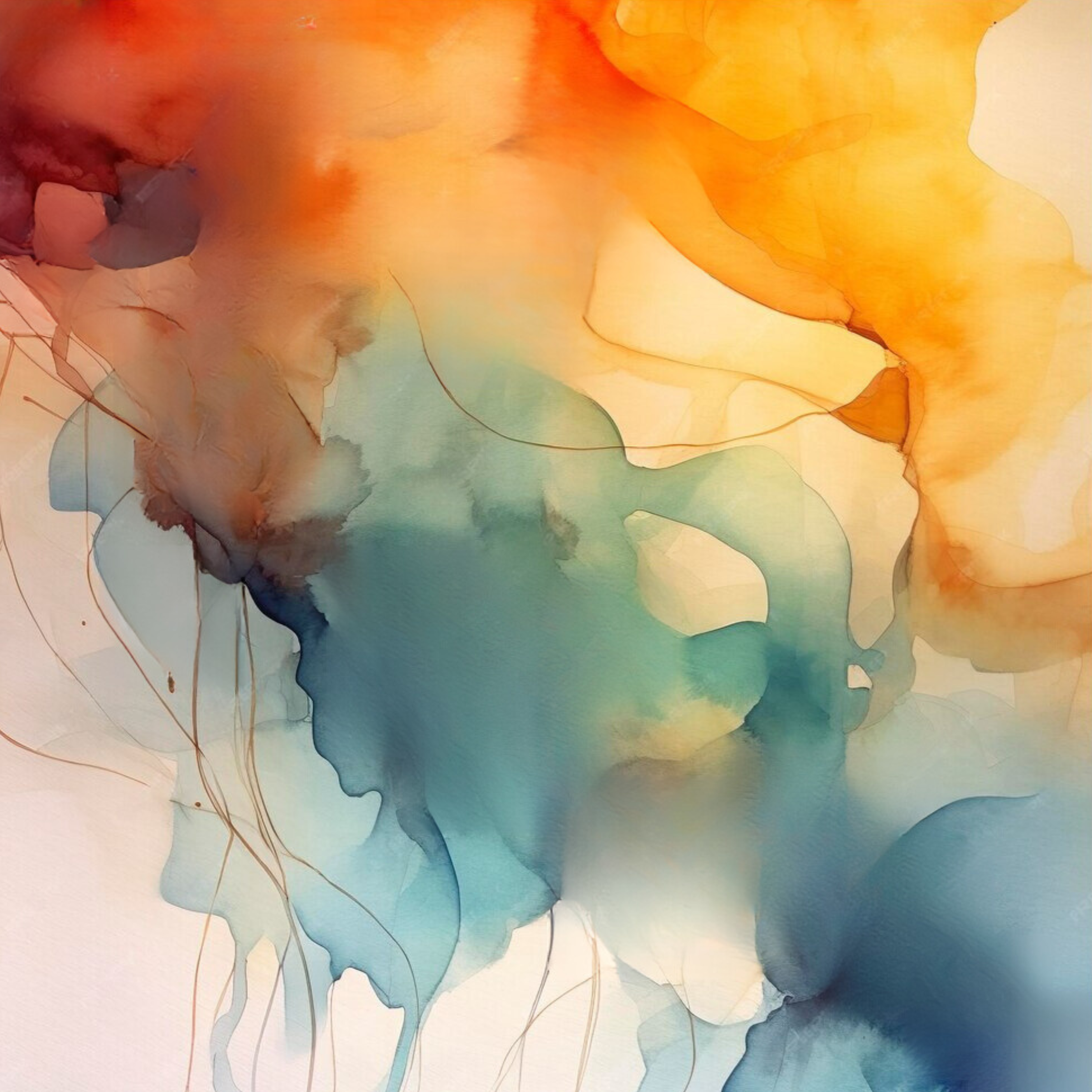 Abstract watercolor painting with orange, yellow, green, blue, and brown hues blending seamlessly.