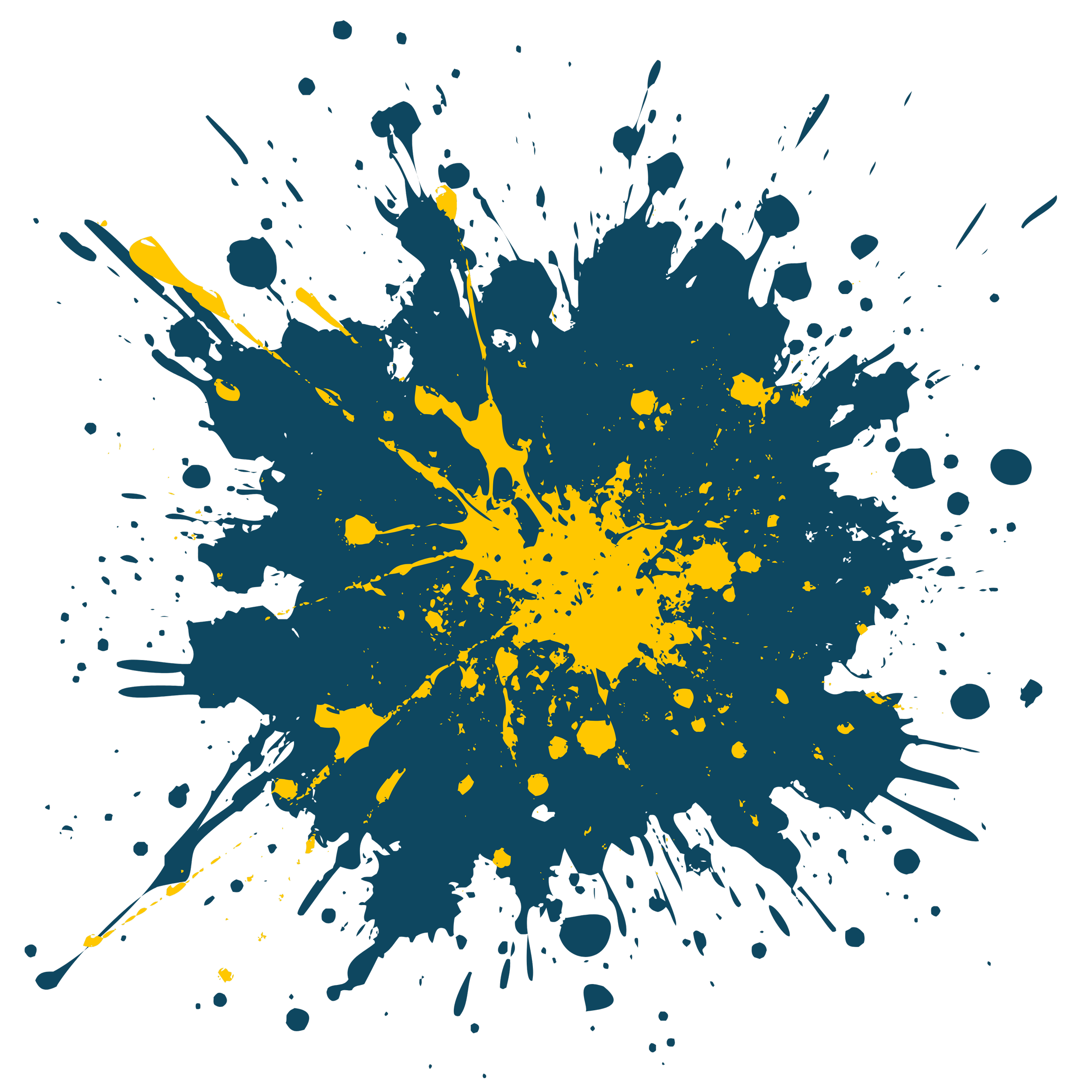 Splattered paint in yellow and blue on a black background.