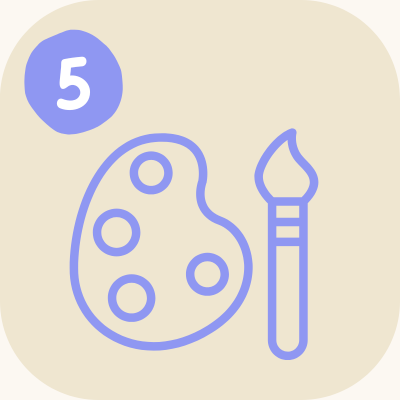 Illustration of a paint palette and paintbrush with a blue circle containing the number five.