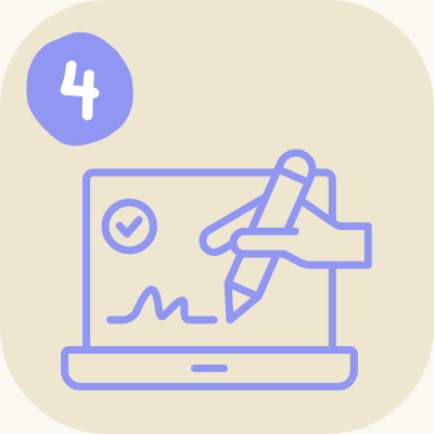 A hand holding a pen, drawing on a laptop screen with a checkmark and a line graph, with a purple number 4 in a circle in the top left corner.