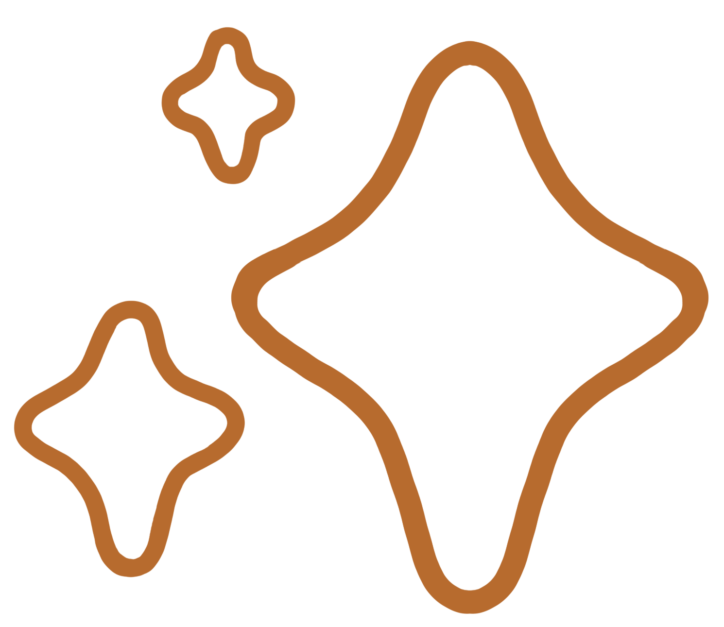 Decorative illustration of three abstract star-shaped objects with orange-brown outlines.