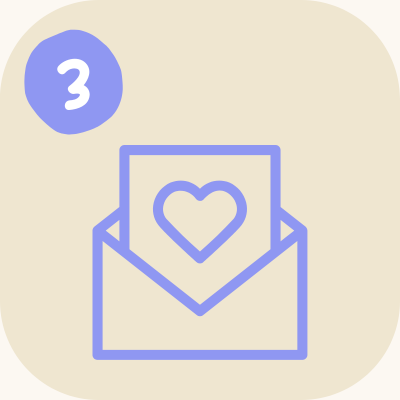Email envelope with a heart inside and the number 3 in a purple circle