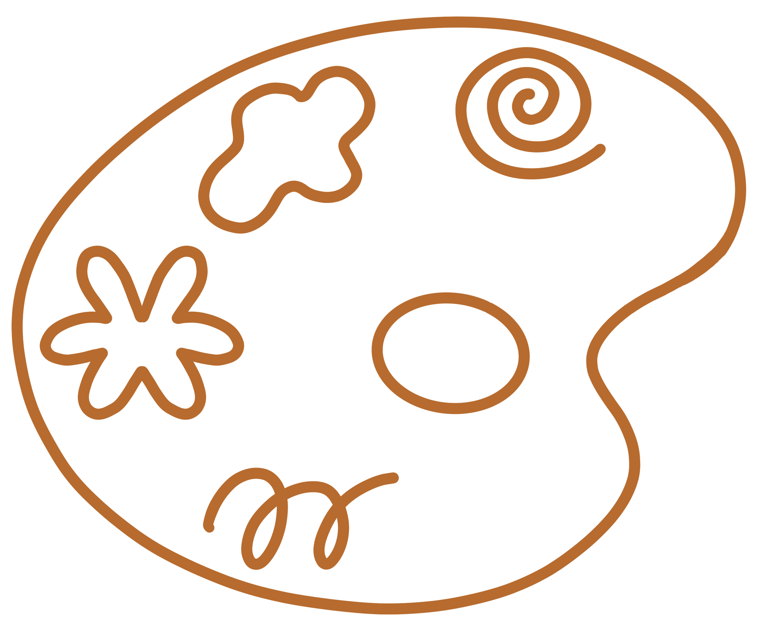 Outline of a paint palette with doodles of different-shaped paint splatters.