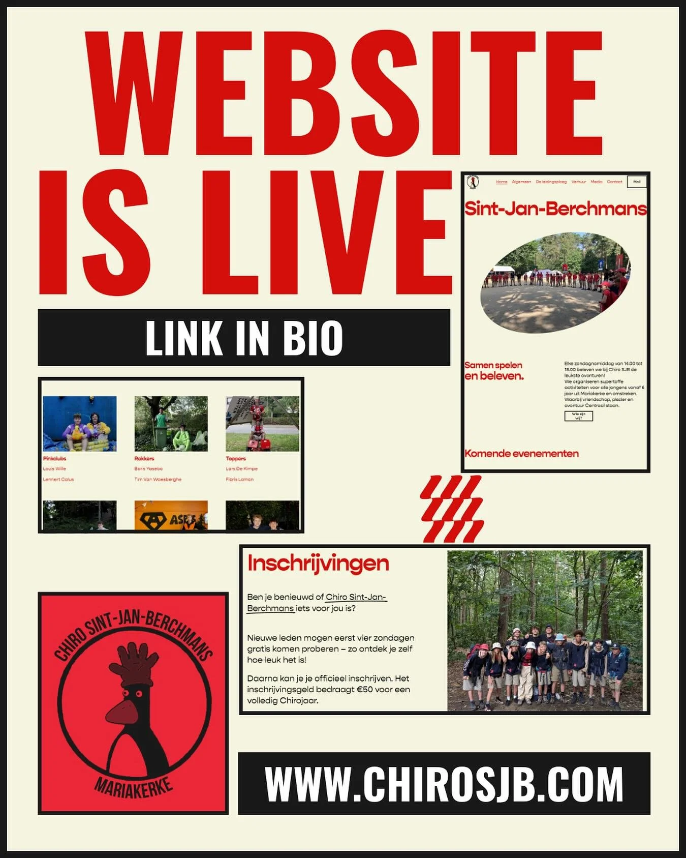 Onze nieuwe website staat online!

Vanaf nu vind je daar alle info over onze Chiro, de contactgegevens van de leiding &eacute;n alles wat je moet weten over de verhuur van onze lokalen.

Link in bio!