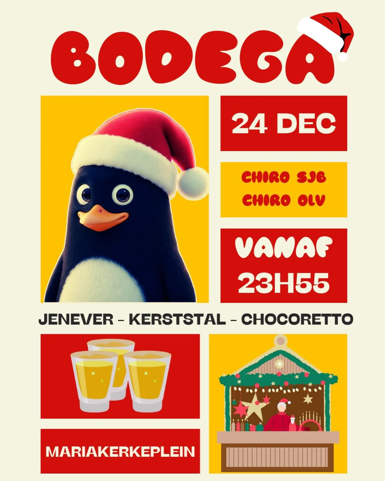 BODEGA 2025 ☃️

Ook dit jaar nodigen we jullie samen met @chiro_olv uit voor Bodega. 

In een warme en gezellige sfeer kan je komen genieten van een levende kerststal met Maria en Jozef.

Rond de vuurtjes buiten of binnen met een warm drankje en kers