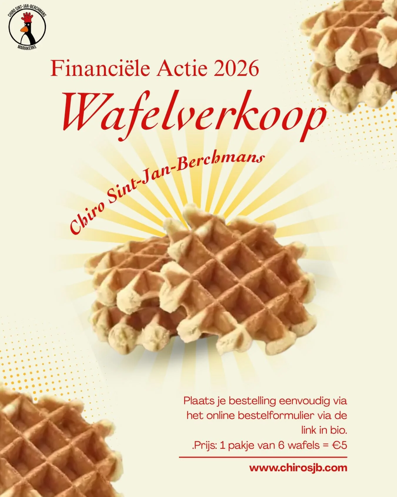Beste ouders, chirowieten en sympathisanten,

Zoals elk jaar organiseren we opnieuw een financi&euml;le actie om de werking van onze Chiro te ondersteunen. Dit jaar verkopen we overheerlijke ambachtelijke wafels! De verkoop vindt plaats op zondag 3 m