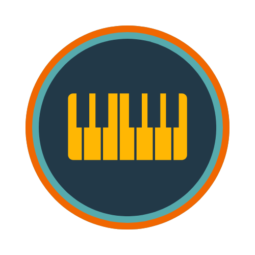 Icon of a piano keyboard inside a circular badge with orange, teal, and dark blue borders.