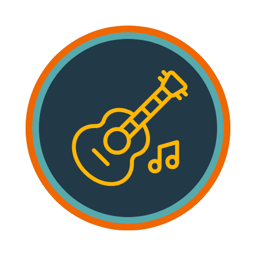 Icon of an acoustic guitar with musical note on a dark blue background, surrounded by a double border in teal and orange.