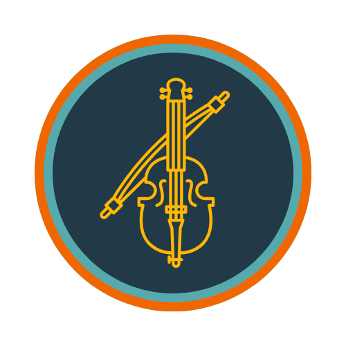 Icon of a violin with a bow crossed in front of it, inside a circular badge with a teal and orange border.
