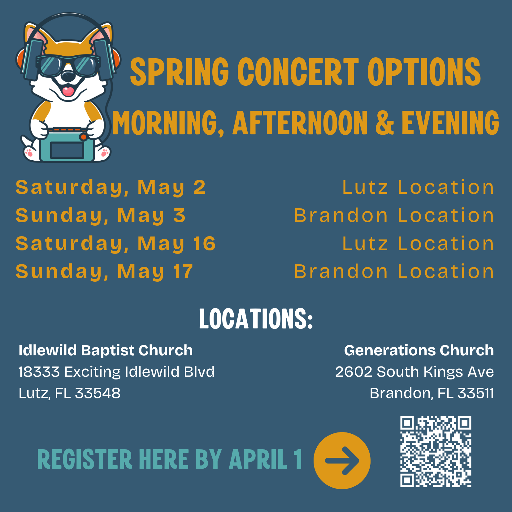 Flyer for spring concert options with dates and locations, featuring a cartoon dog with sunglasses, headphones, and a radio.