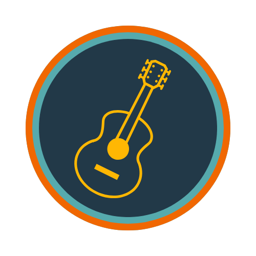 Icon of an acoustic guitar inside a circular badge with a blue, teal, and orange border.