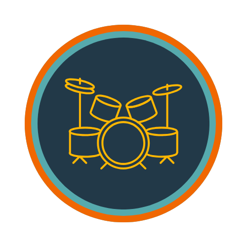 Illustration of a drum set with cymbals inside a circular border.